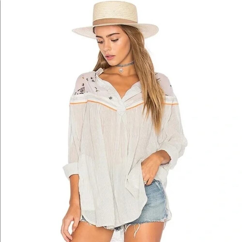Free People Top Blouse Floral Hearts Colors Chiffon Cottagecore Small Boho Shirt - Picture 1 of 5